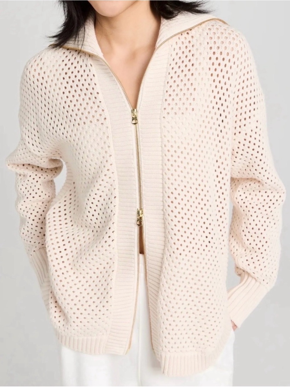 Varley Cream Pointelle Zip Cardigan